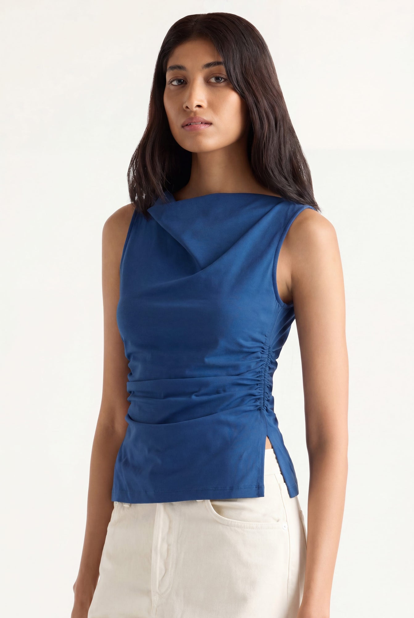 Arya | Josie Shirred-Side Cowl-Neck Tee in Size Small