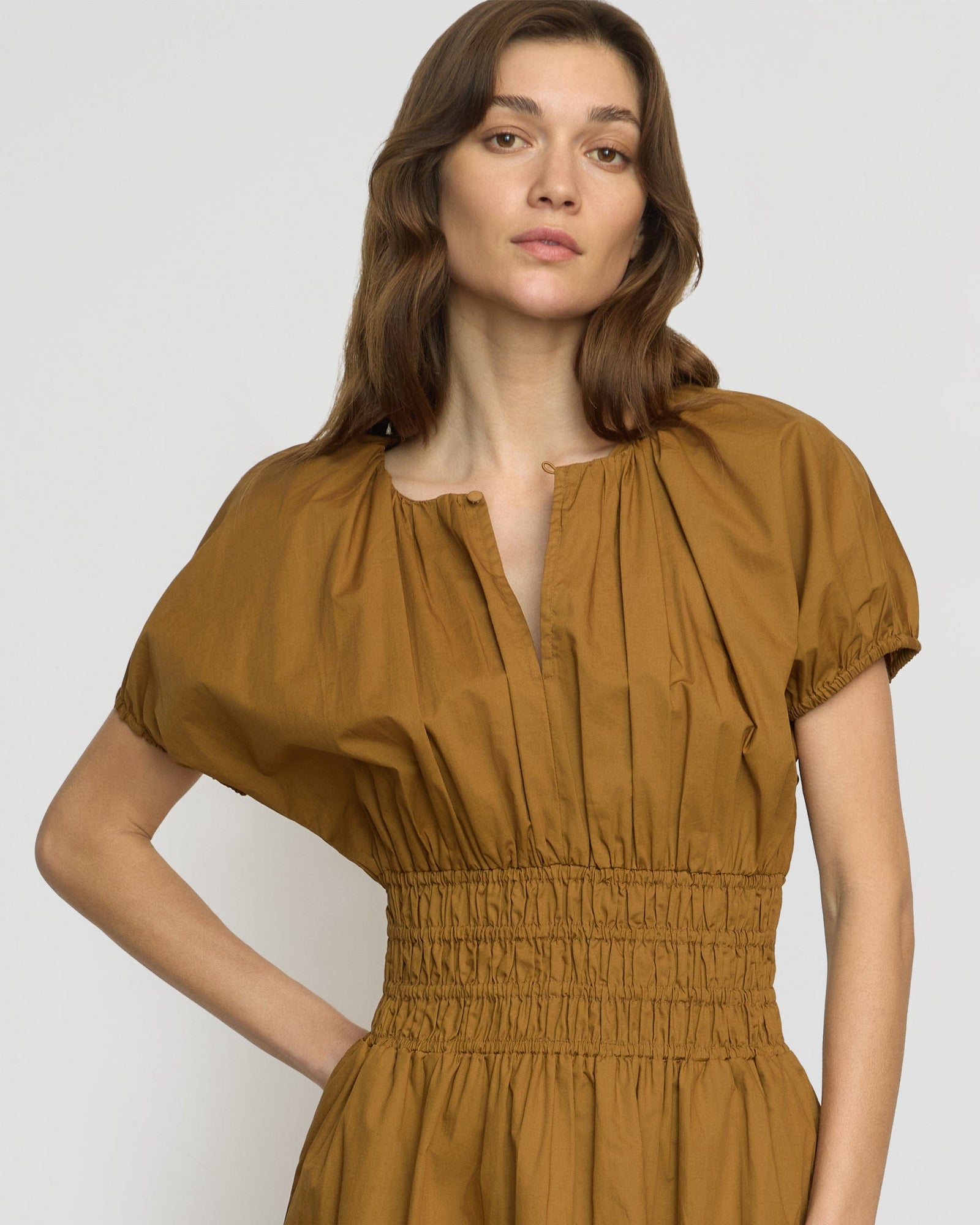 Kaci Cinched-Waist Organic Cotton Dress | Light Ochre