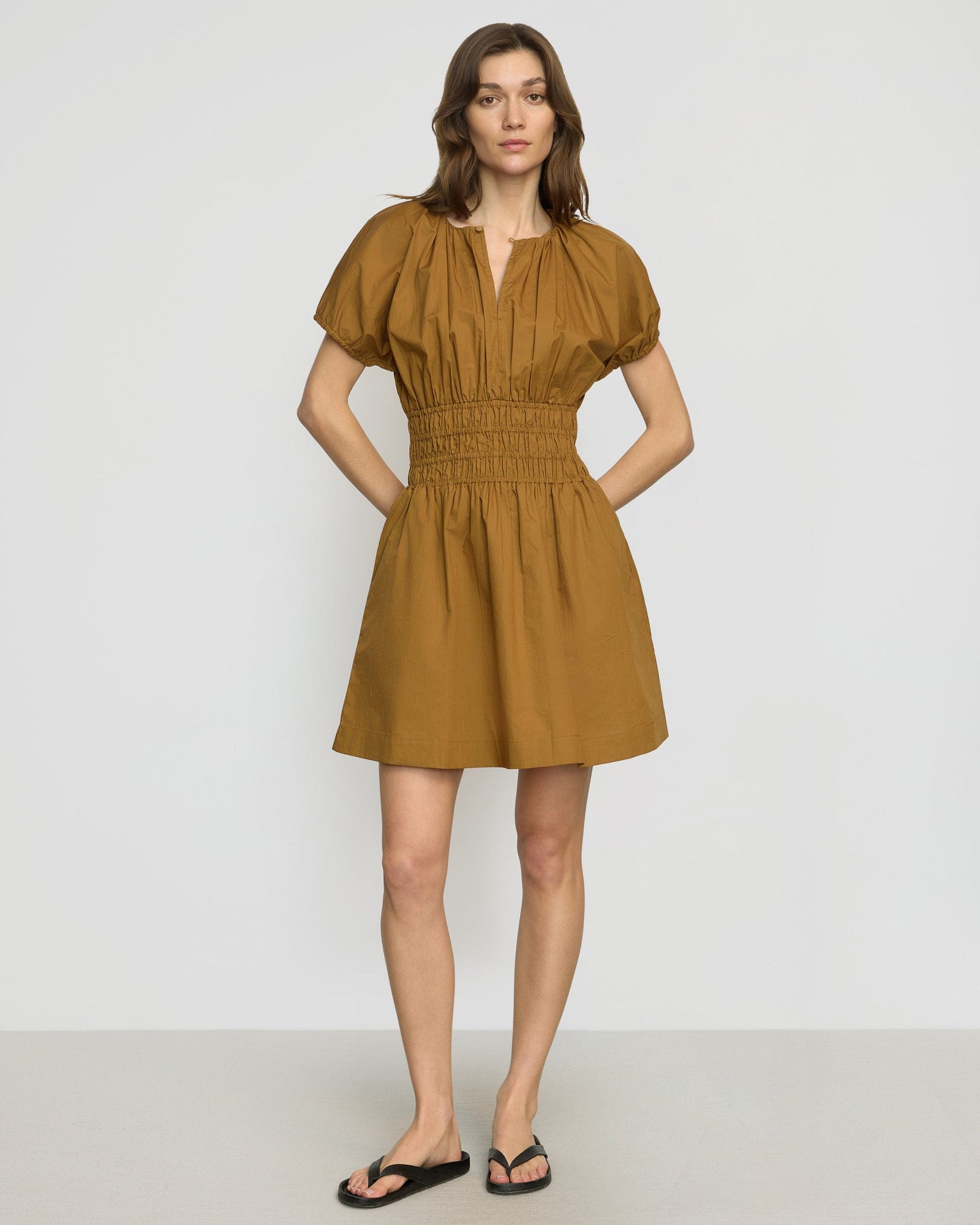 Kaci Cinched-Waist Organic Cotton Dress | Light Ochre