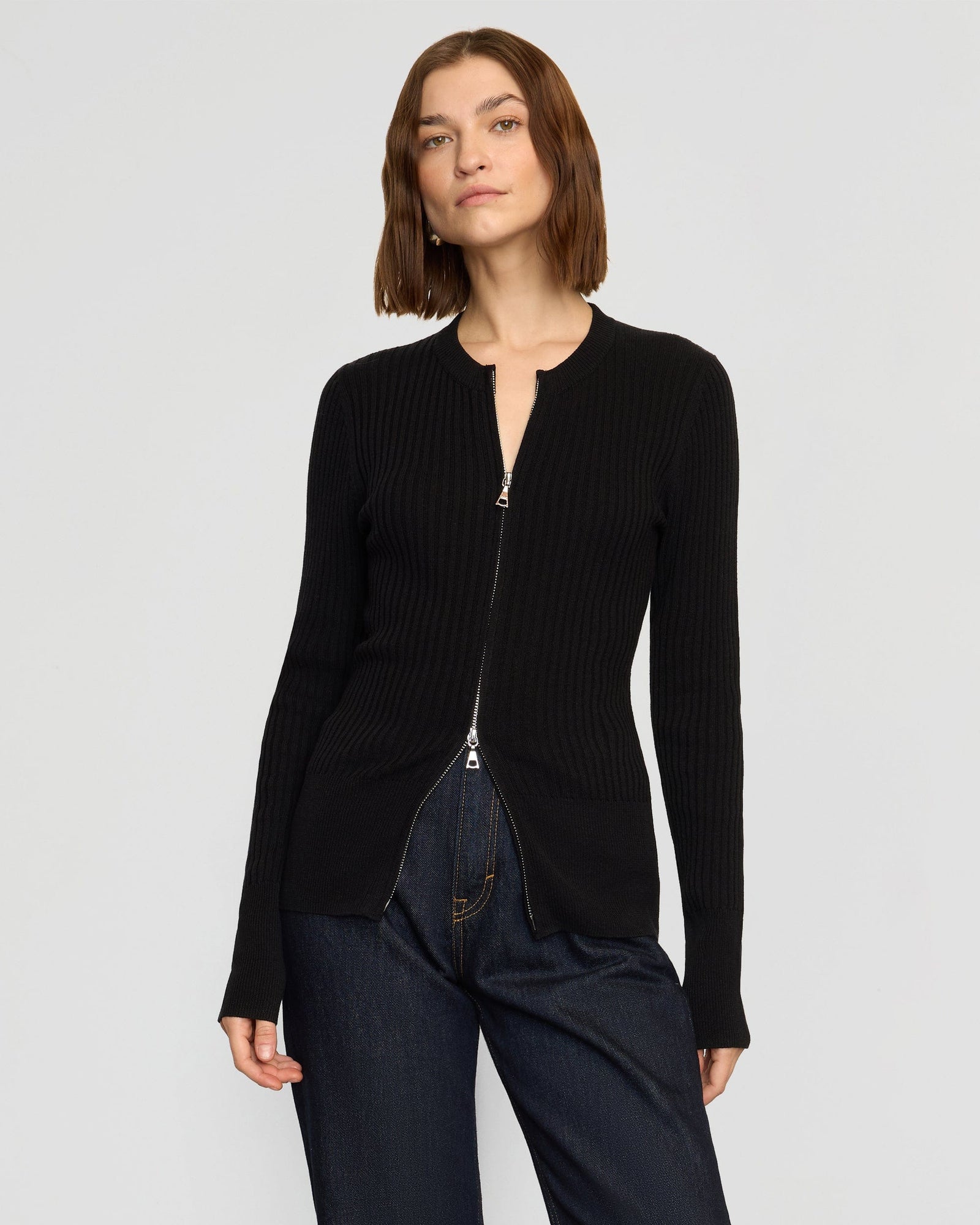 Kayla Ribbed Two-Way Zip Sweater | Black