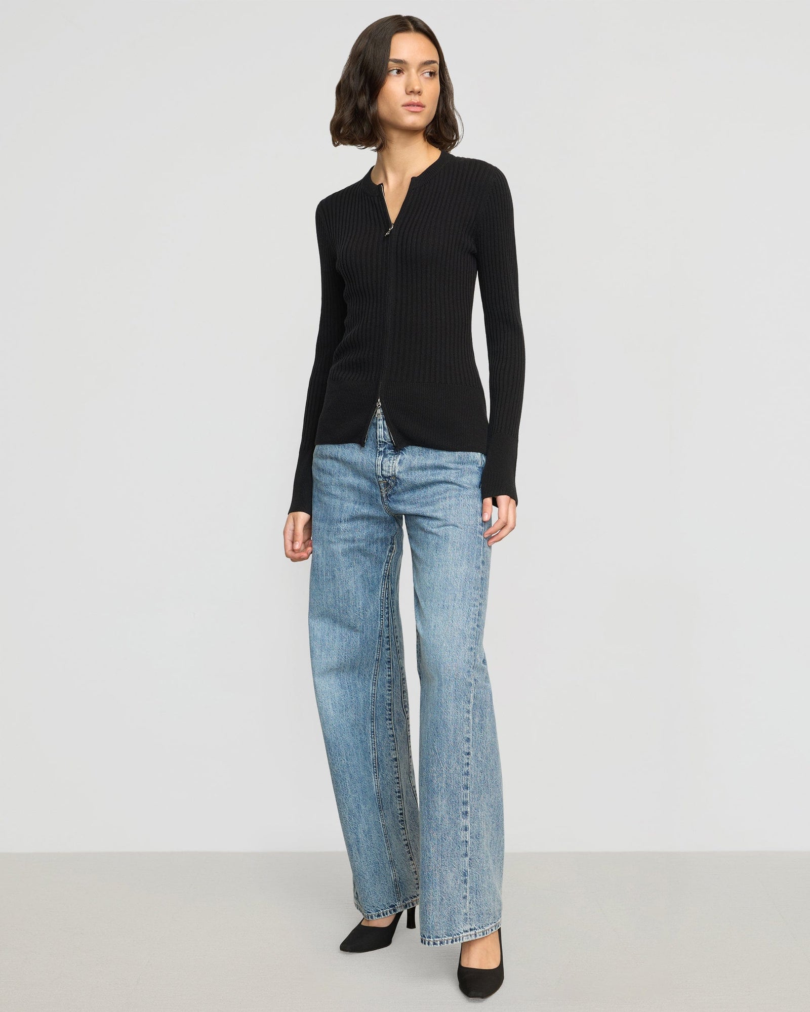 Kayla Ribbed Two-Way Zip Sweater | Black