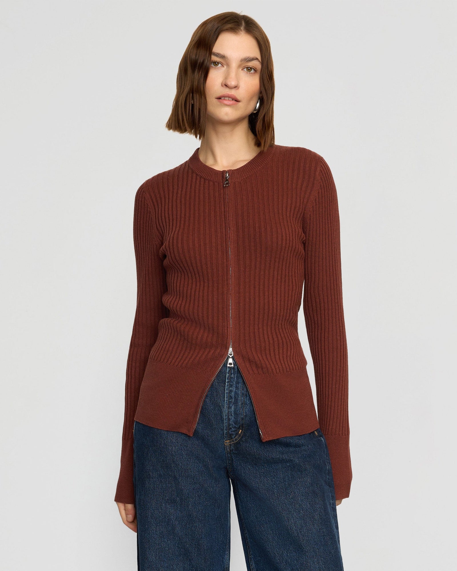 Kayla Ribbed Two-Way Zip Sweater | Rustic Red