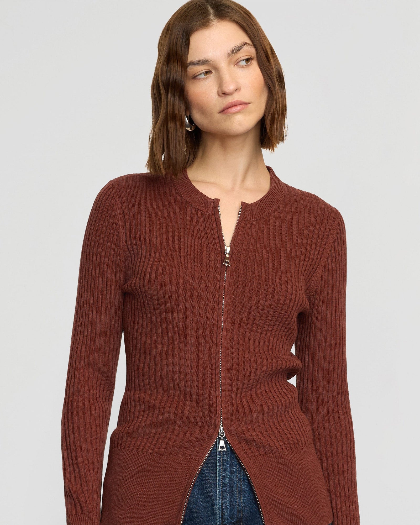 Kayla Ribbed Two-Way Zip Sweater | Rustic Red