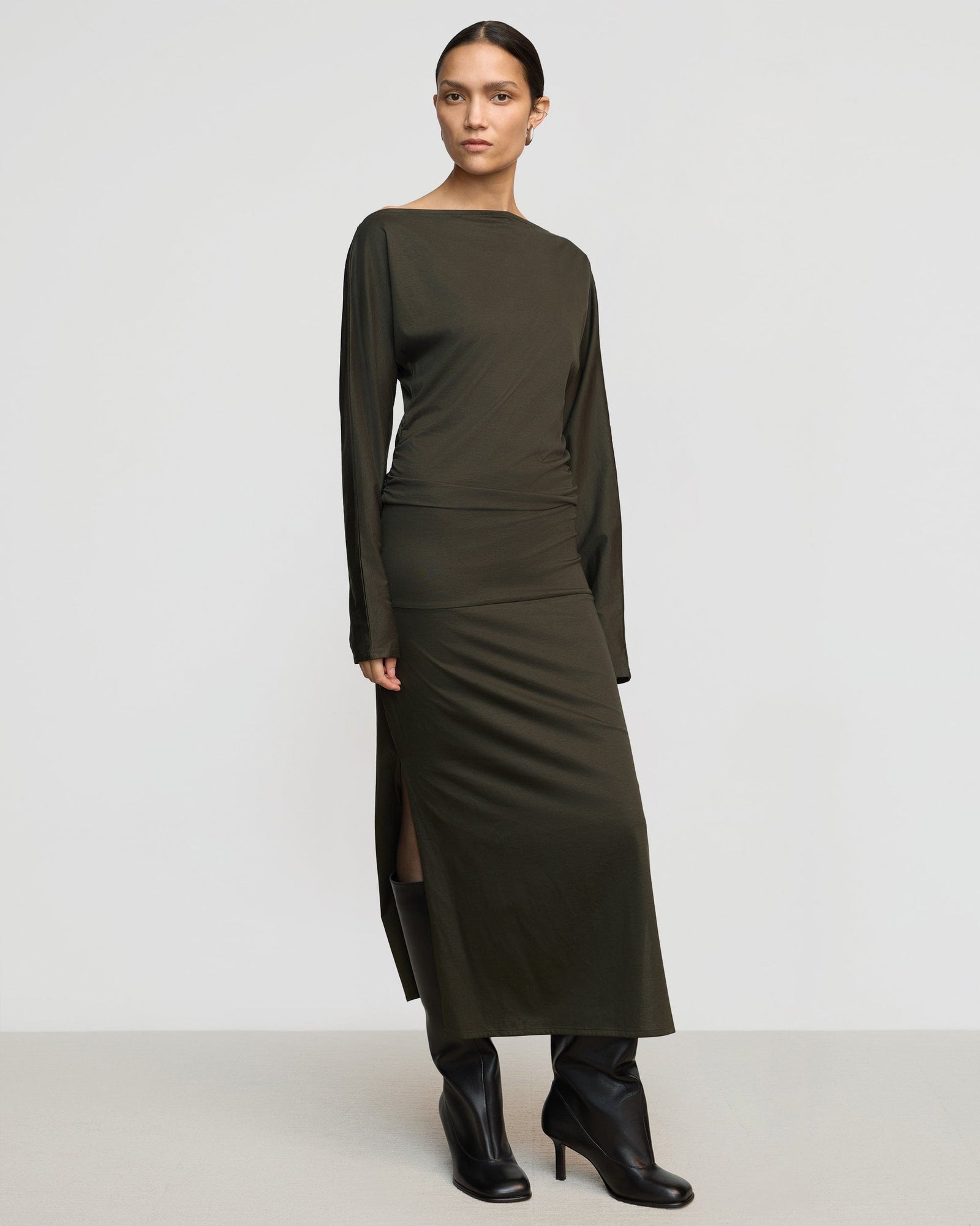 Kezia Off-Shoulder Satin Jersey Dress | Dark Nori