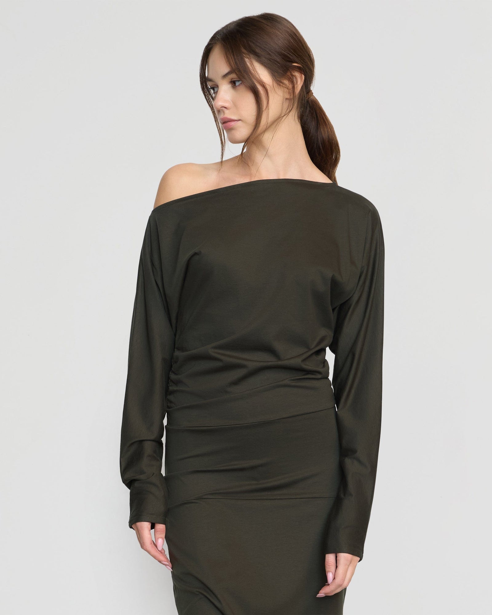 Kezia Off-Shoulder Satin Jersey Dress | Dark Nori