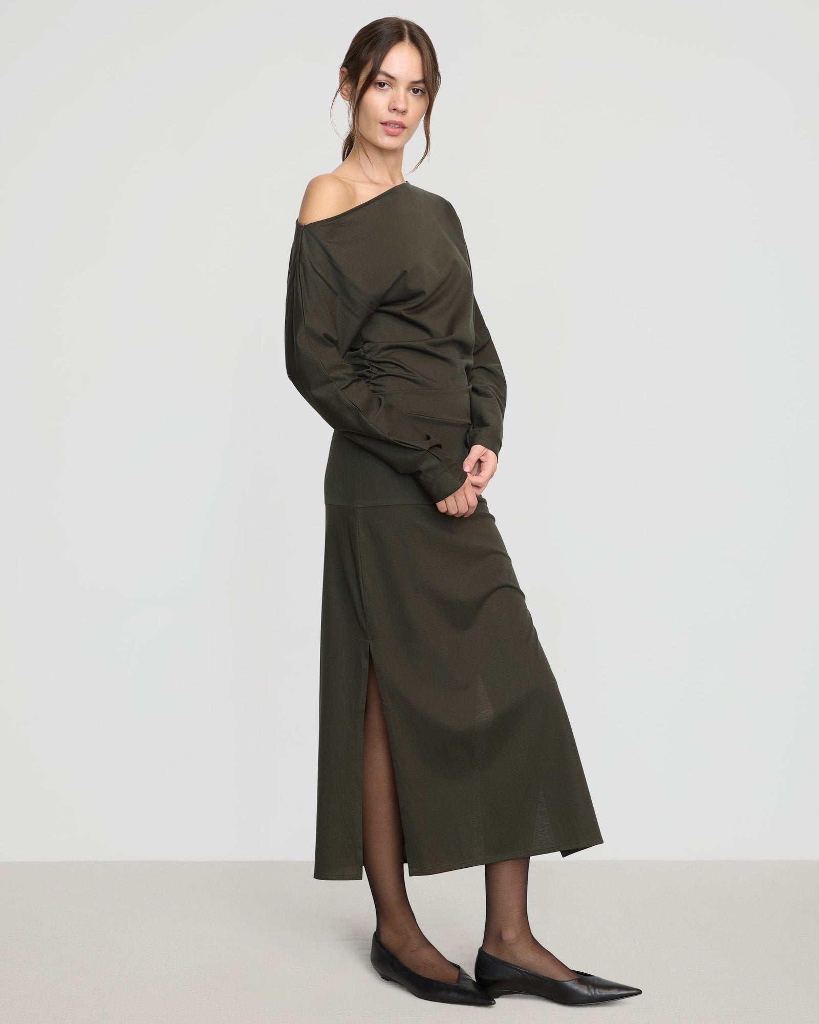 Kezia Off-Shoulder Satin Jersey Dress | Dark Nori