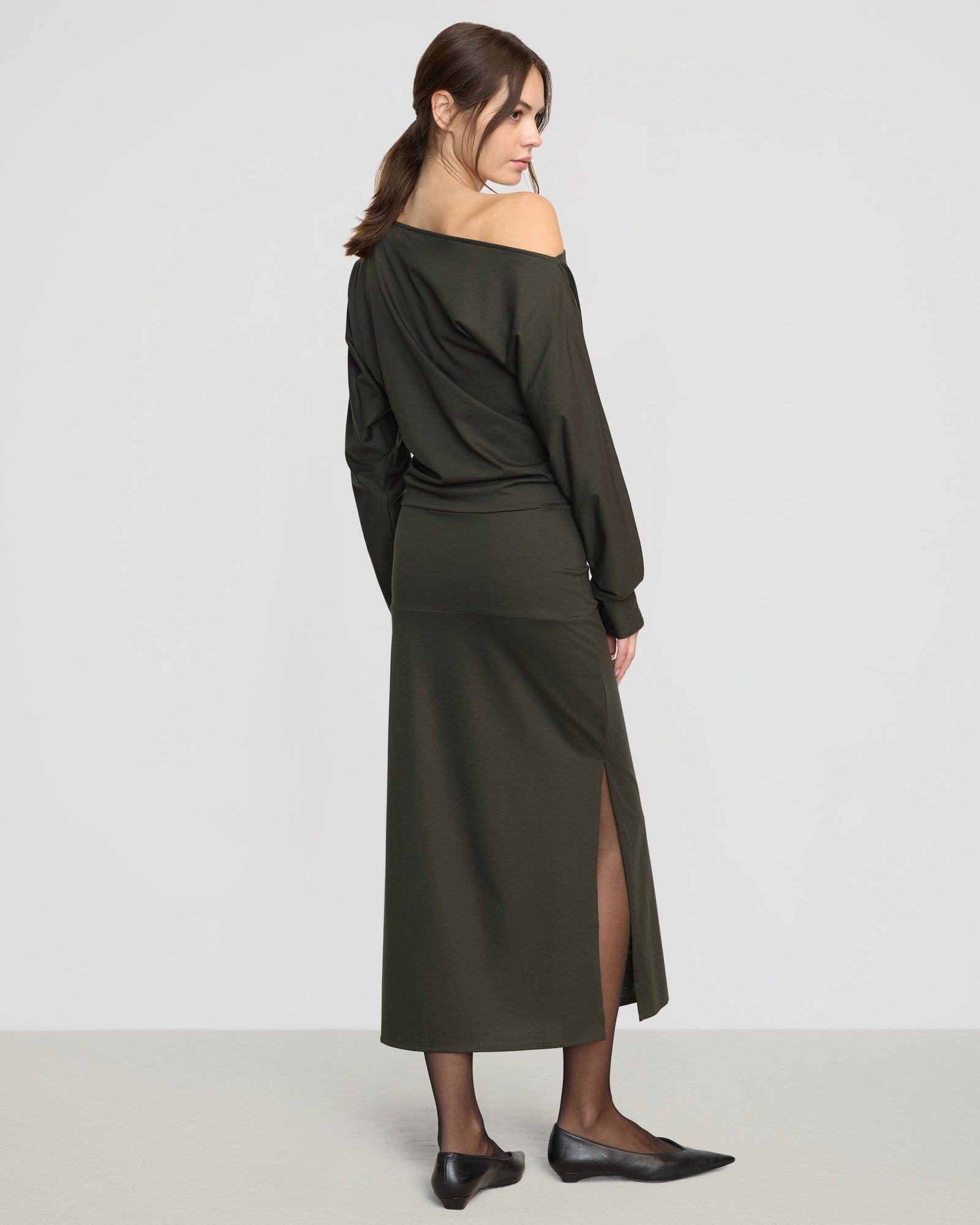 Kezia Off-Shoulder Satin Jersey Dress | Dark Nori