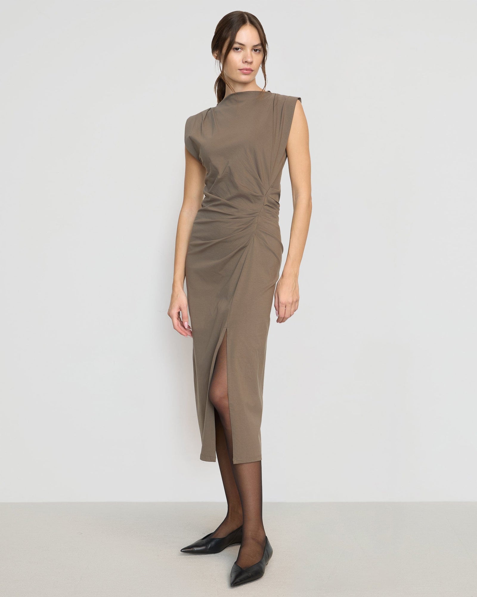 Khelan Sculpted Ruched-Waist Dress | Dark Taupe