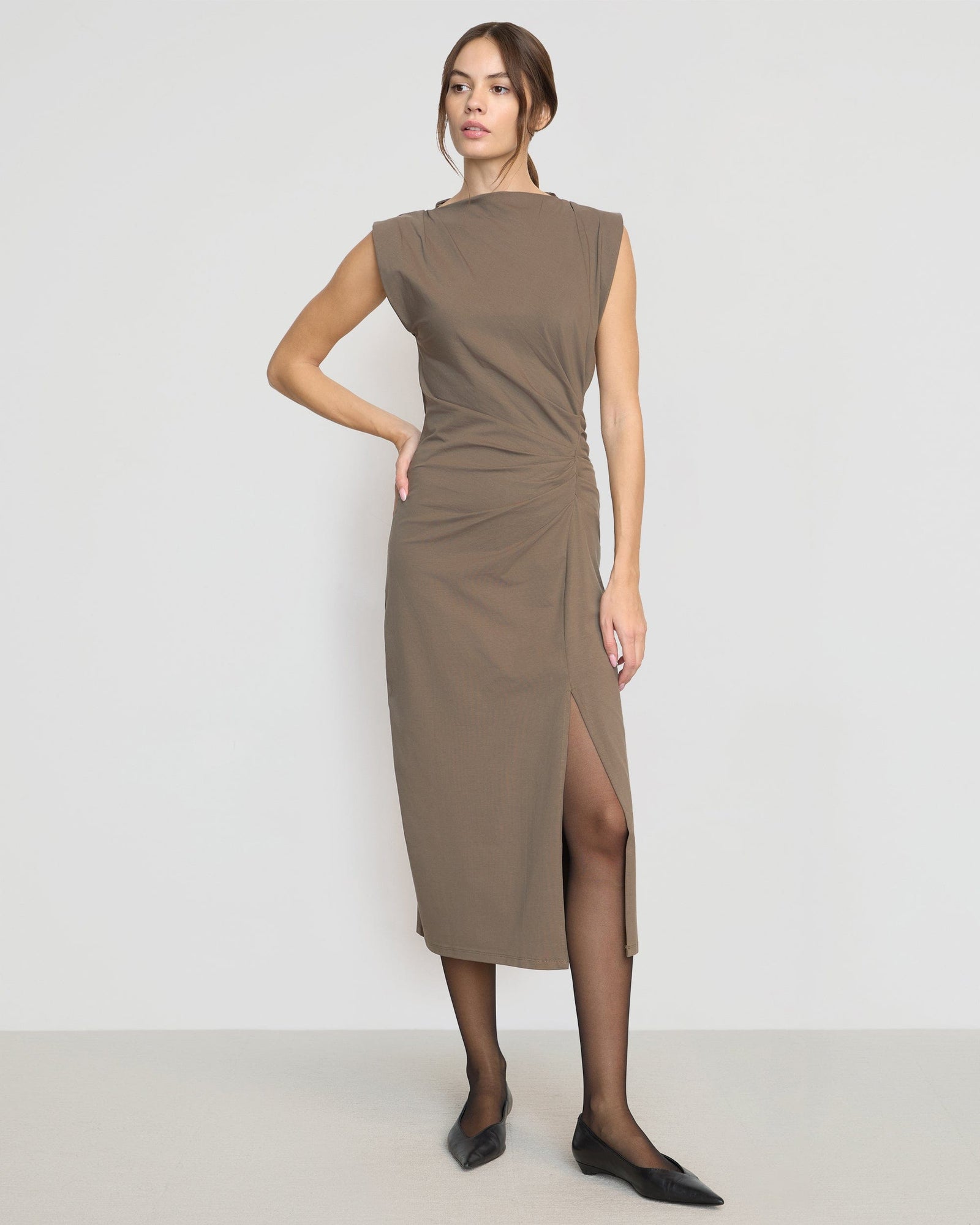 Khelan Sculpted Ruched-Waist Dress | Dark Taupe