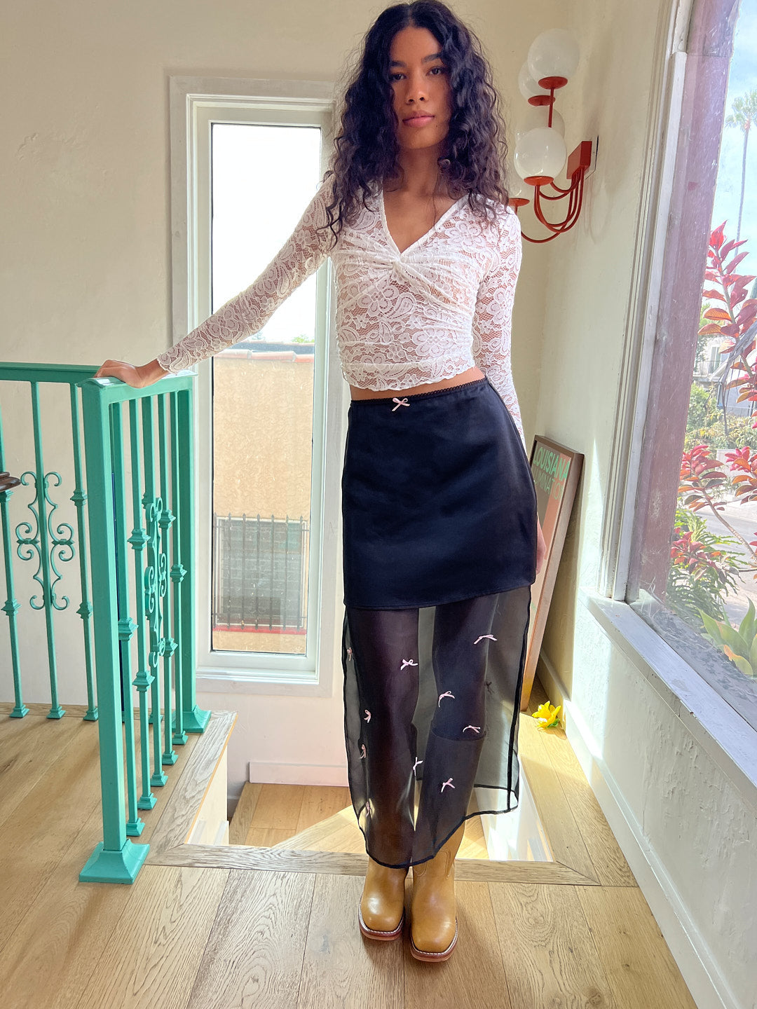 Harper Bow Tiered Skirt | Black Pink Bow