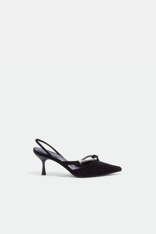 Black suede slingback heel with knot detail on pointed toe and thin ankle strap.