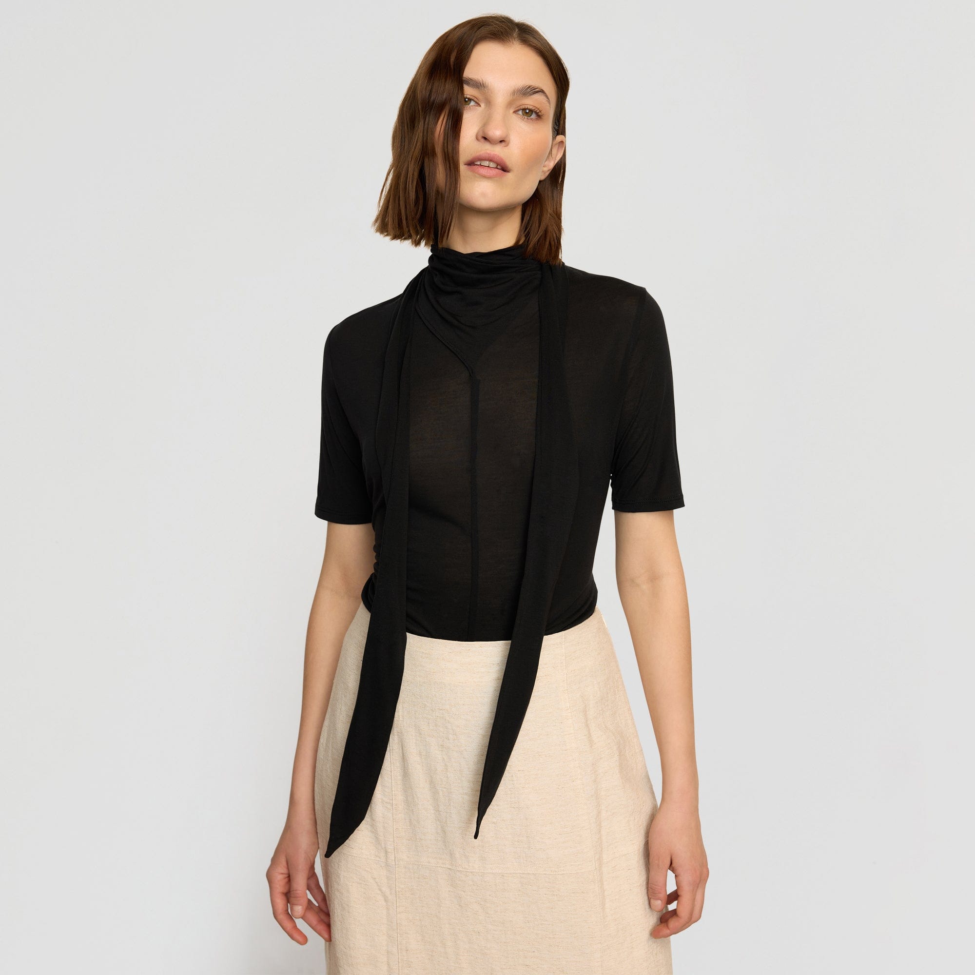 Lucine Scarf-Neck Semi-Sheer Tencel Tee | Black
