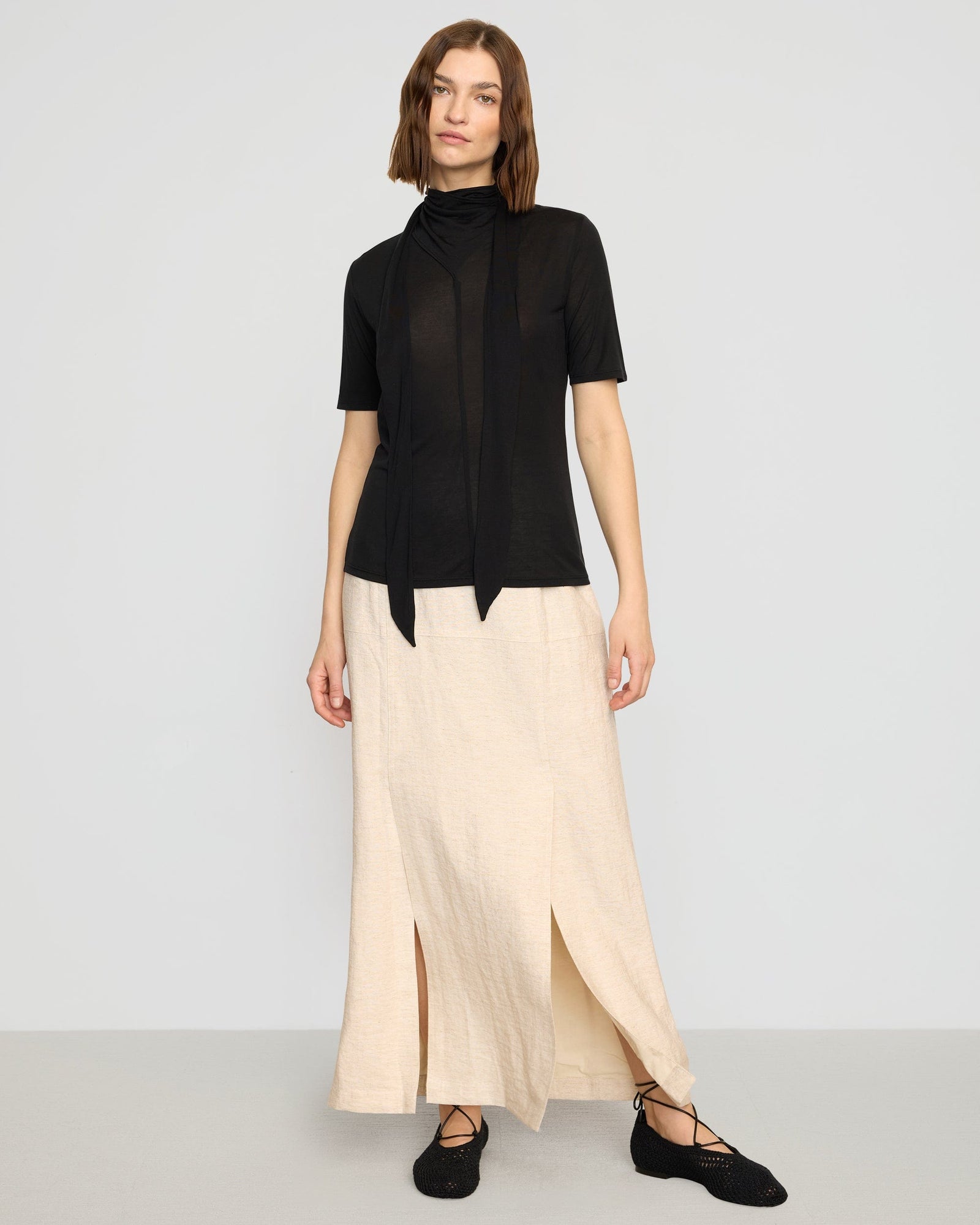 Lucine Scarf-Neck Semi-Sheer Tencel Tee | Black