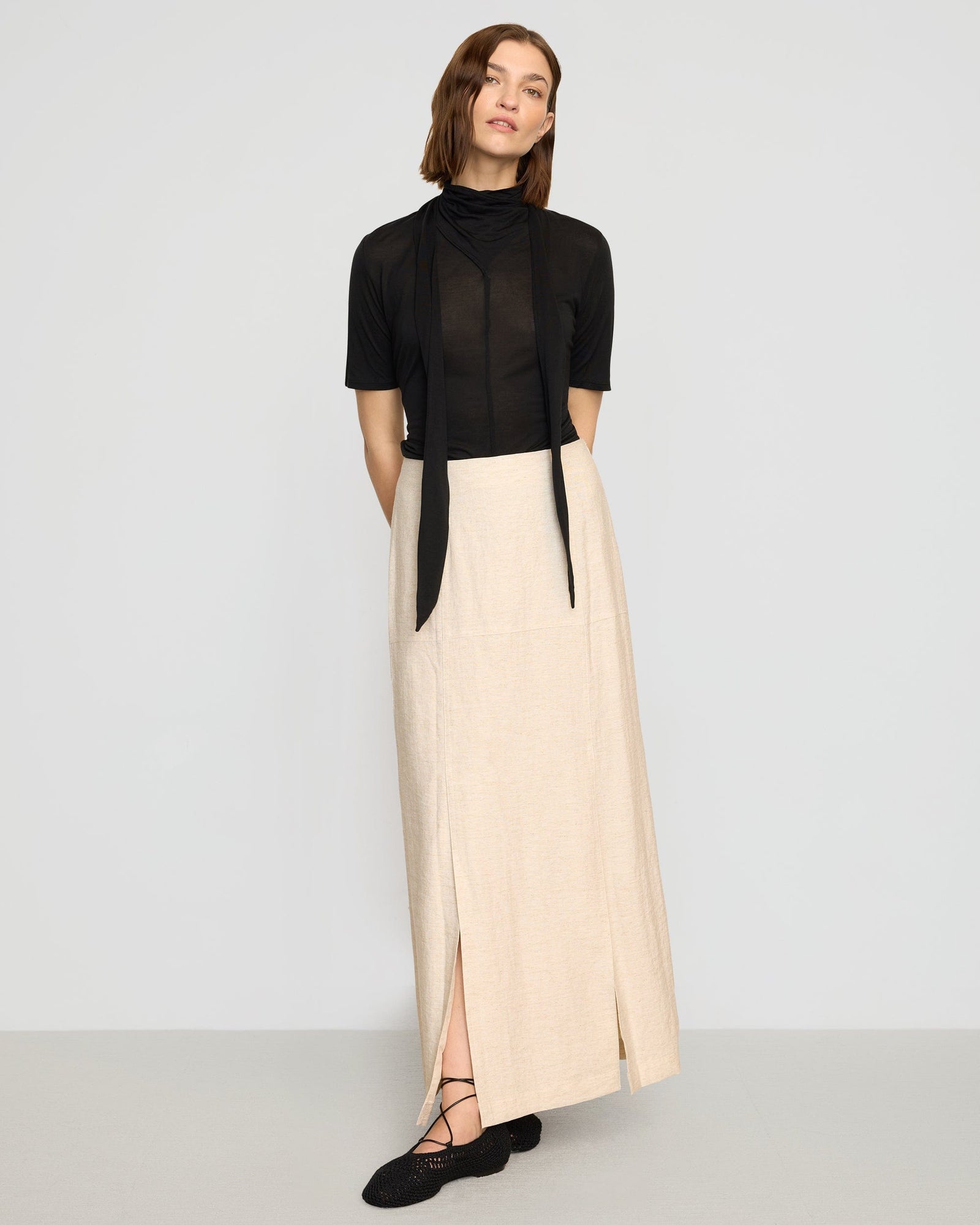 Lucine Scarf-Neck Semi-Sheer Tencel Tee | Black