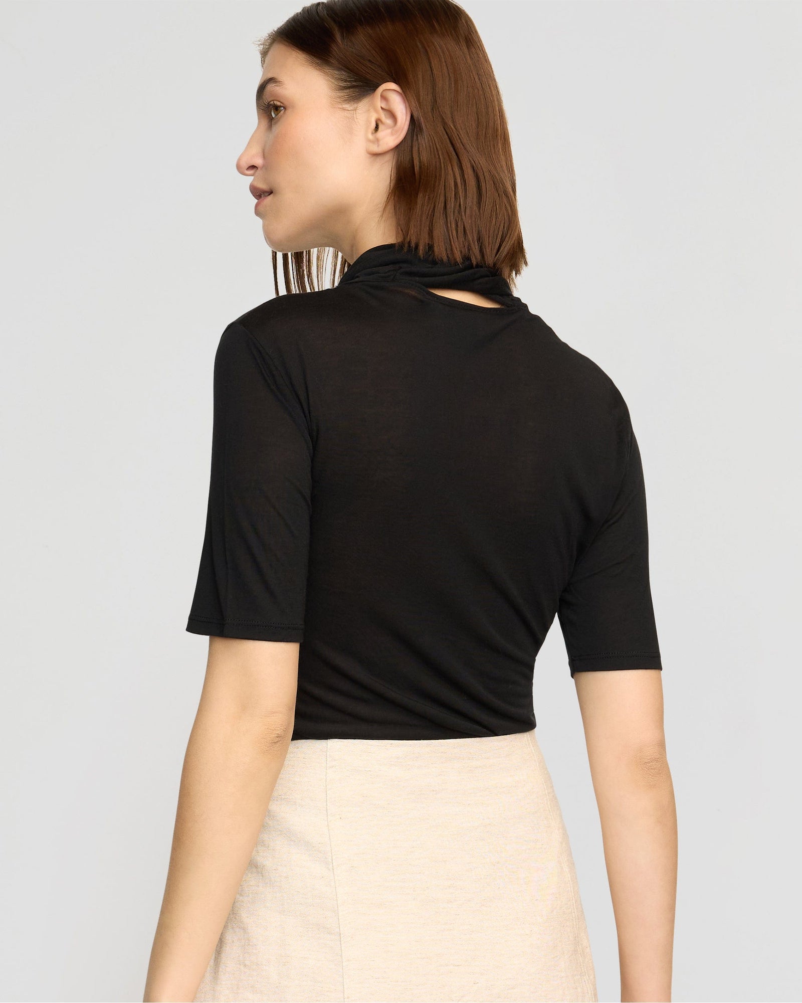 Lucine Scarf-Neck Semi-Sheer Tencel Tee | Black