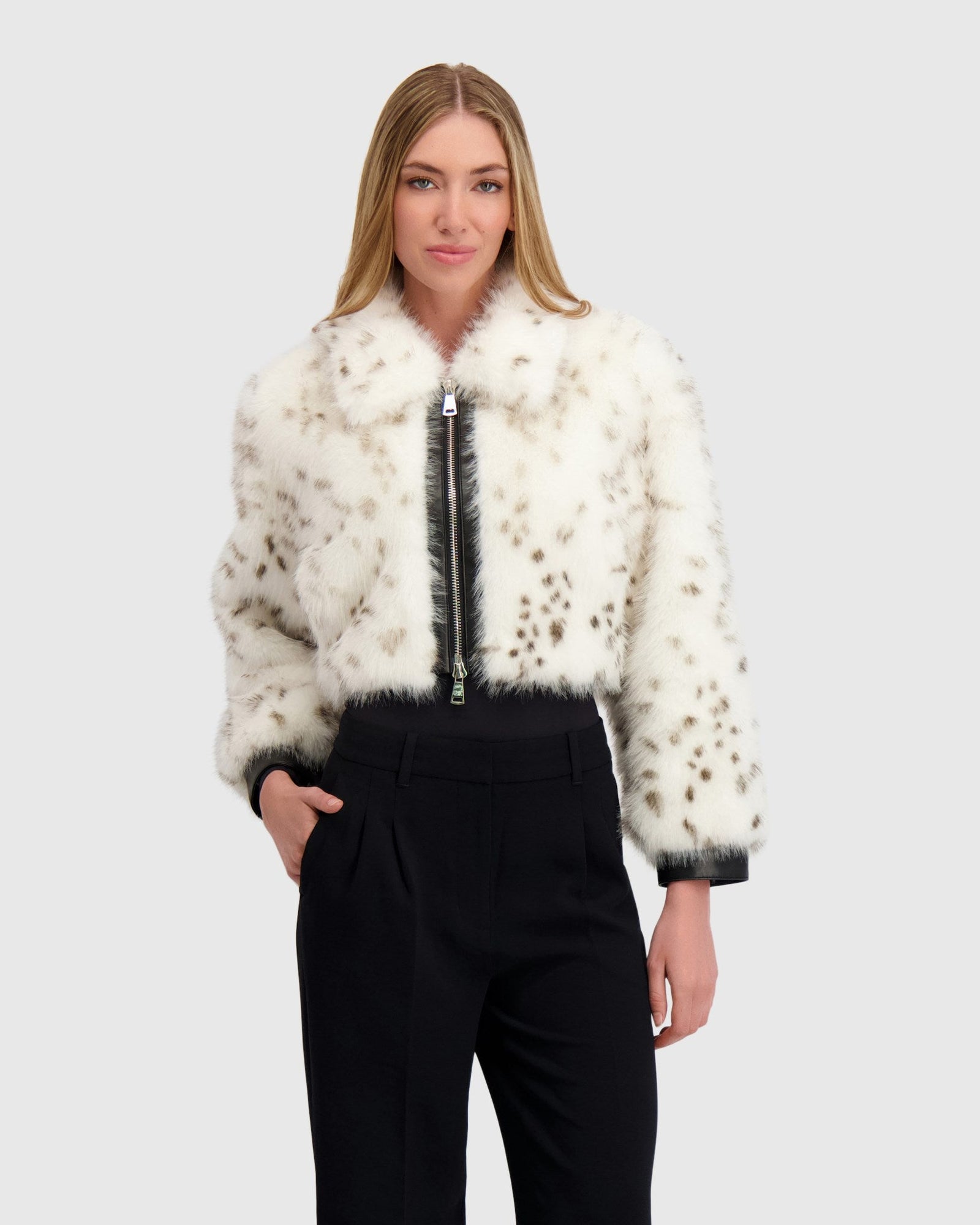Fur-Free Fox (Faux Fur) Zip Bolero | White/Black Spotted