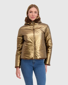 Fur-Free Mink (Faux Fur) Reversible Parka | Brown/Gold Metallic