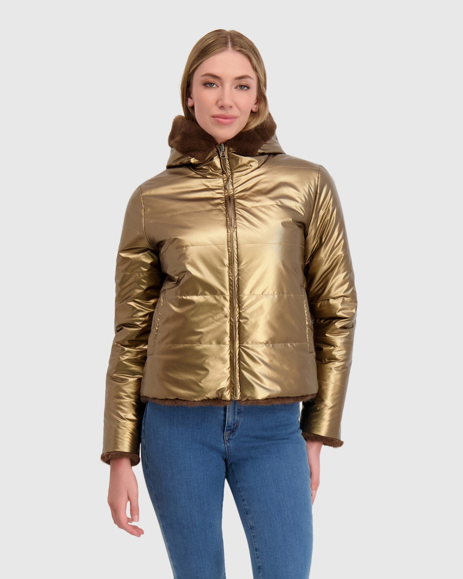 Fur-Free Mink (Faux Fur) Reversible Parka | Brown/Gold Metallic