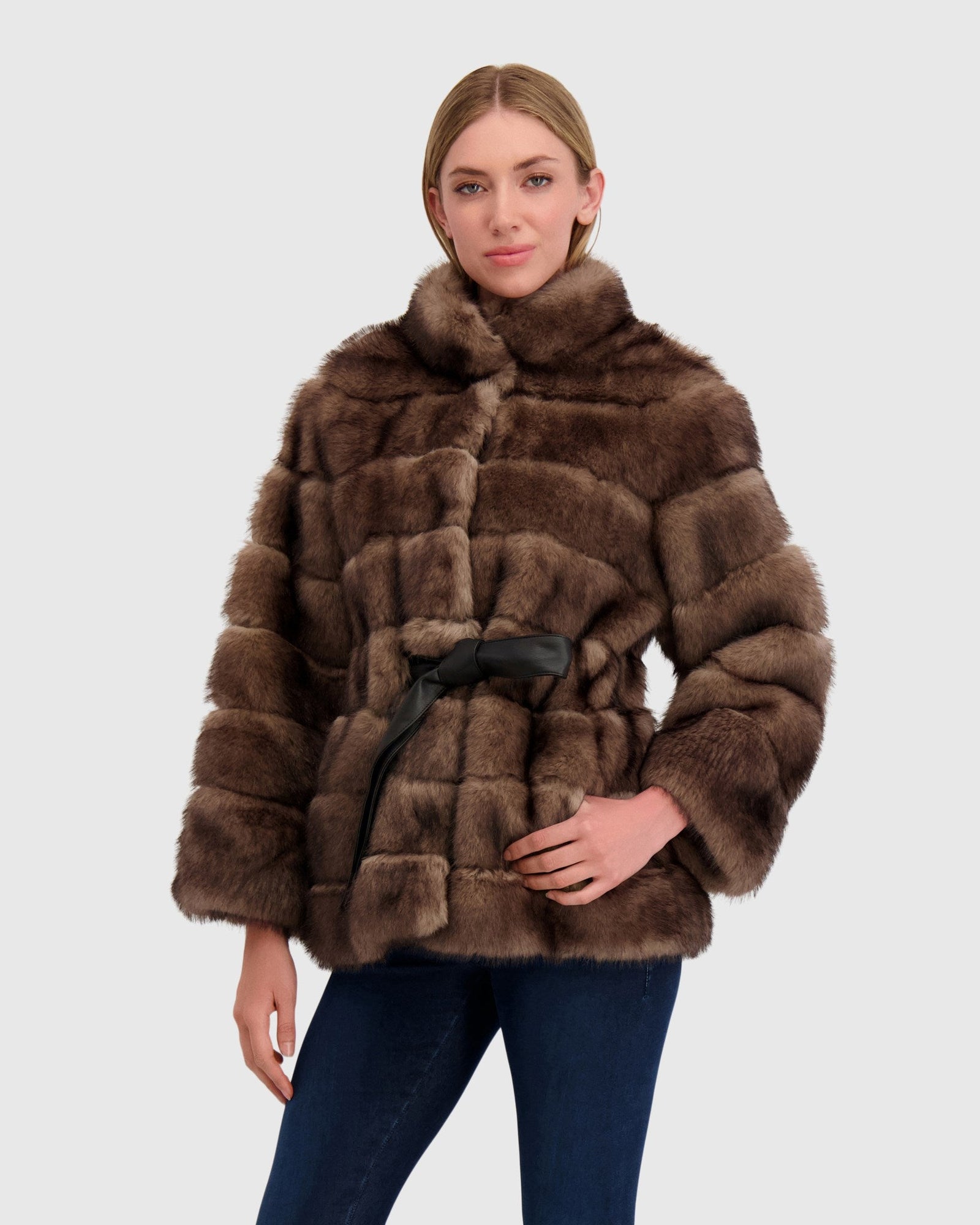 Fur-Free Sable (Faux Fur) Jacket, Belt | Brown