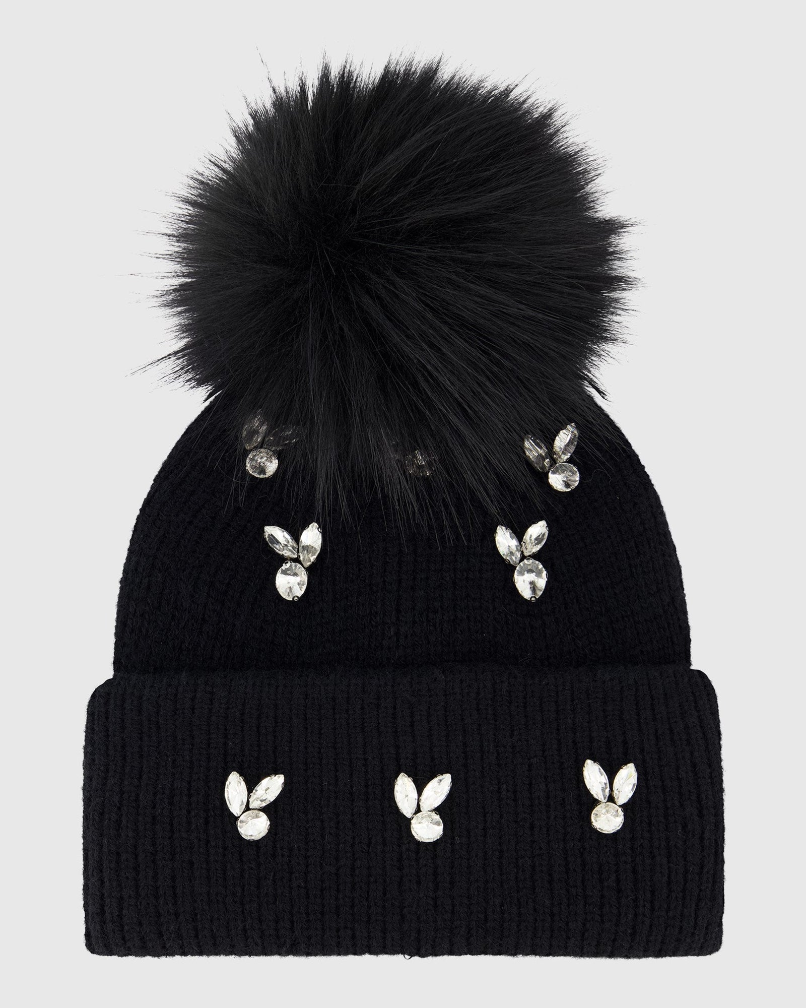 Knit Beanie Hat With Fur-Free Fox (Faux Fur) Pompom | Black/Black