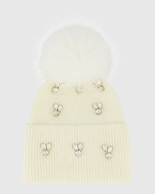 Knit Beanie Hat With Fur-Free Fox (Faux Fur) Pompom | White/White
