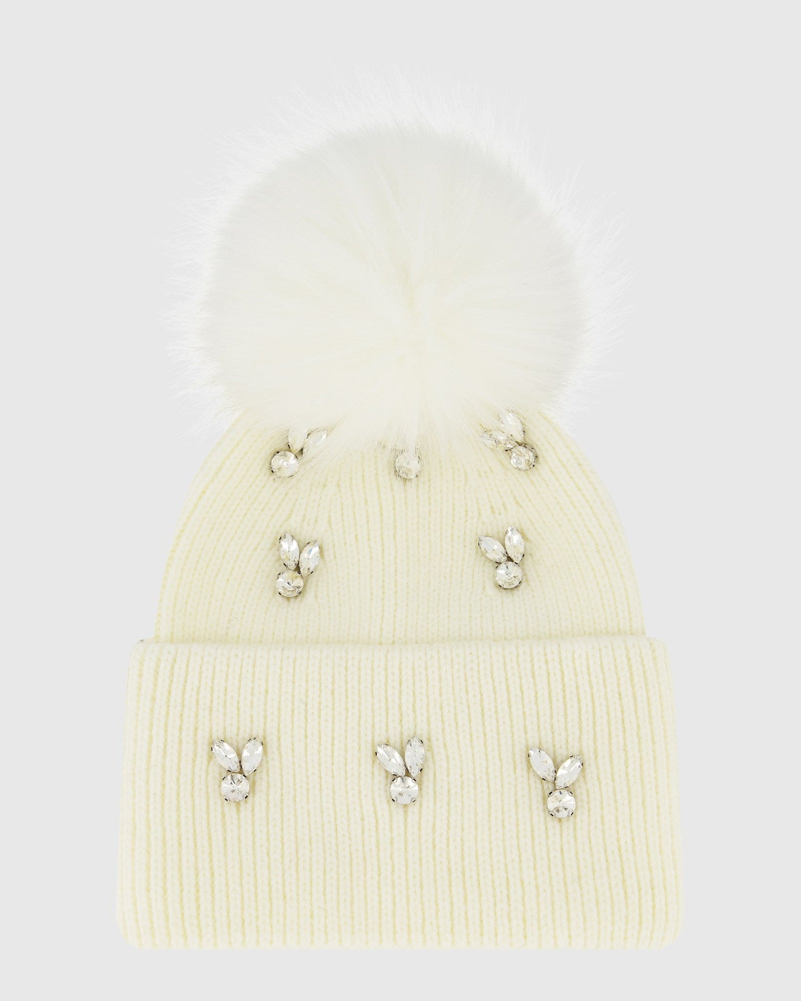 Knit Beanie Hat With Fur-Free Fox (Faux Fur) Pompom | White/White