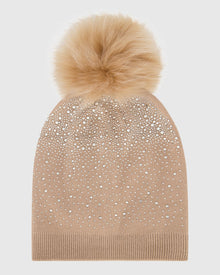 Knit Beanie Hat With Fur-Free Fox (Faux Fur) Pompom | Beige/Beige