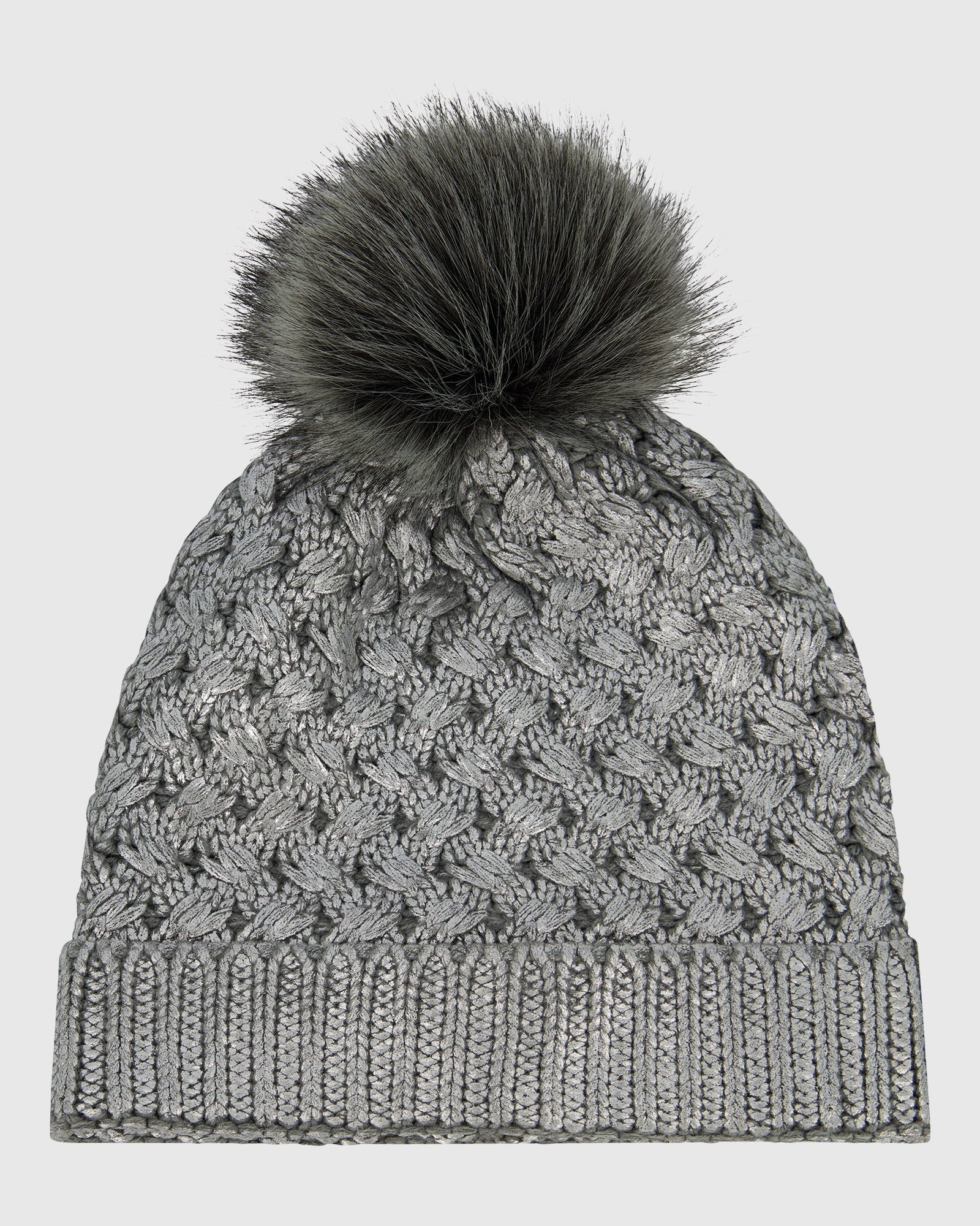 Knit Beanie Hat With Fur-Free Fox (Faux Fur) Pompom | Silver Metallic/Gray