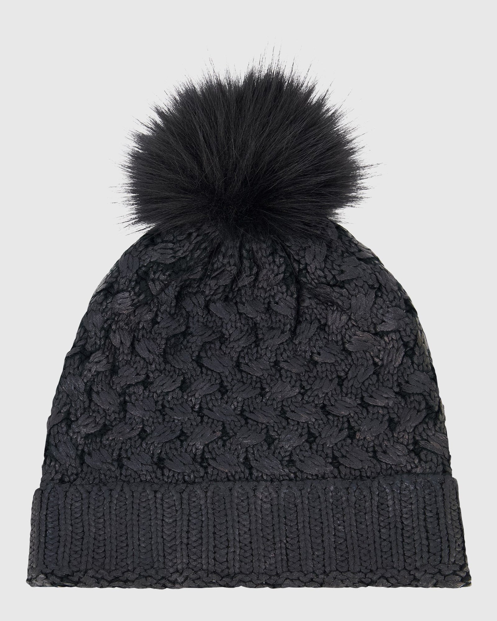Knit Beanie Hat With Fur-Free Fox (Faux Fur) Pompom | Black Metallic/Black