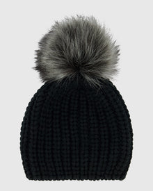 Knit Beanie Hat With Fur-Free Fox (Faux Fur) Pompom | Black/Silver