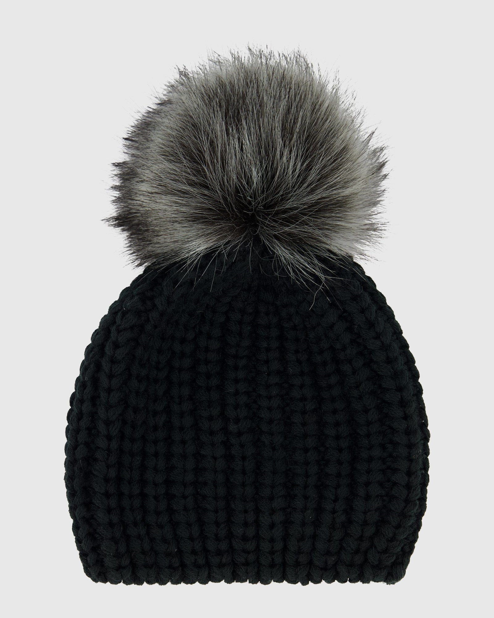 Knit Beanie Hat With Fur-Free Fox (Faux Fur) Pompom | Black/Silver