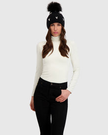 Knit Beanie Hat With Fur-Free Fox (Faux Fur) Pompom | Black/Black