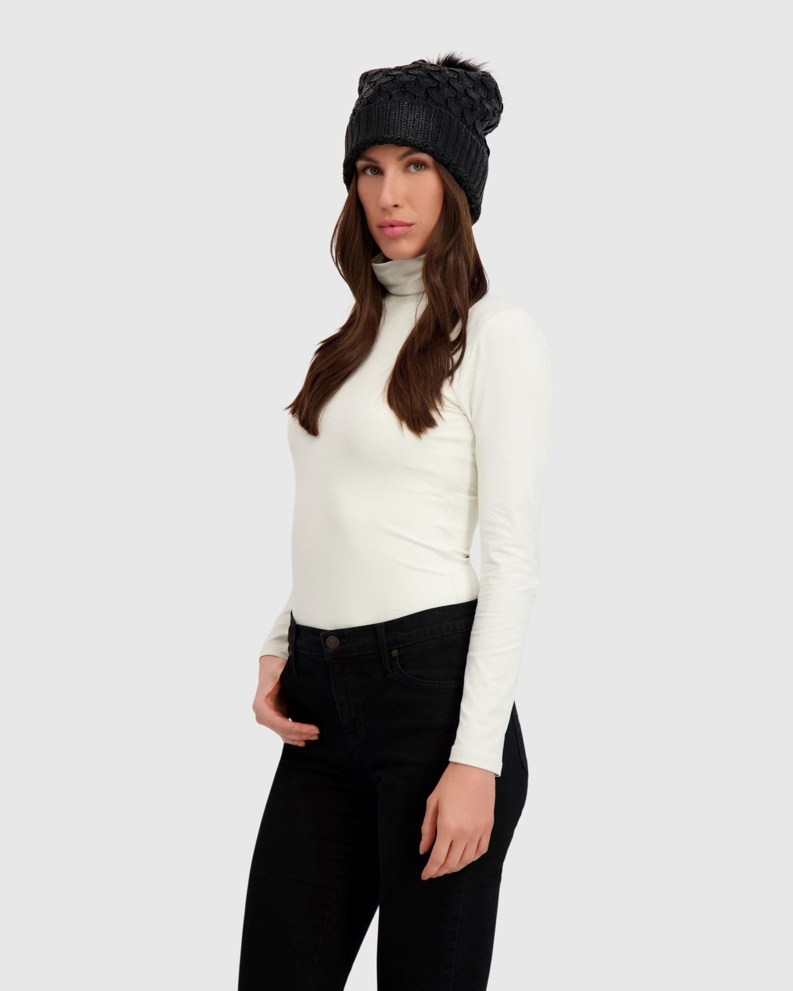 Knit Beanie Hat With Fur-Free Fox (Faux Fur) Pompom | Black Metallic/Black