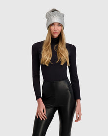 Knit Beanie Hat With Fur-Free Fox (Faux Fur) Pompom | Silver Metallic/Gray