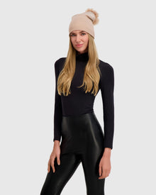 Knit Beanie Hat With Fur-Free Fox (Faux Fur) Pompom | Beige/Beige