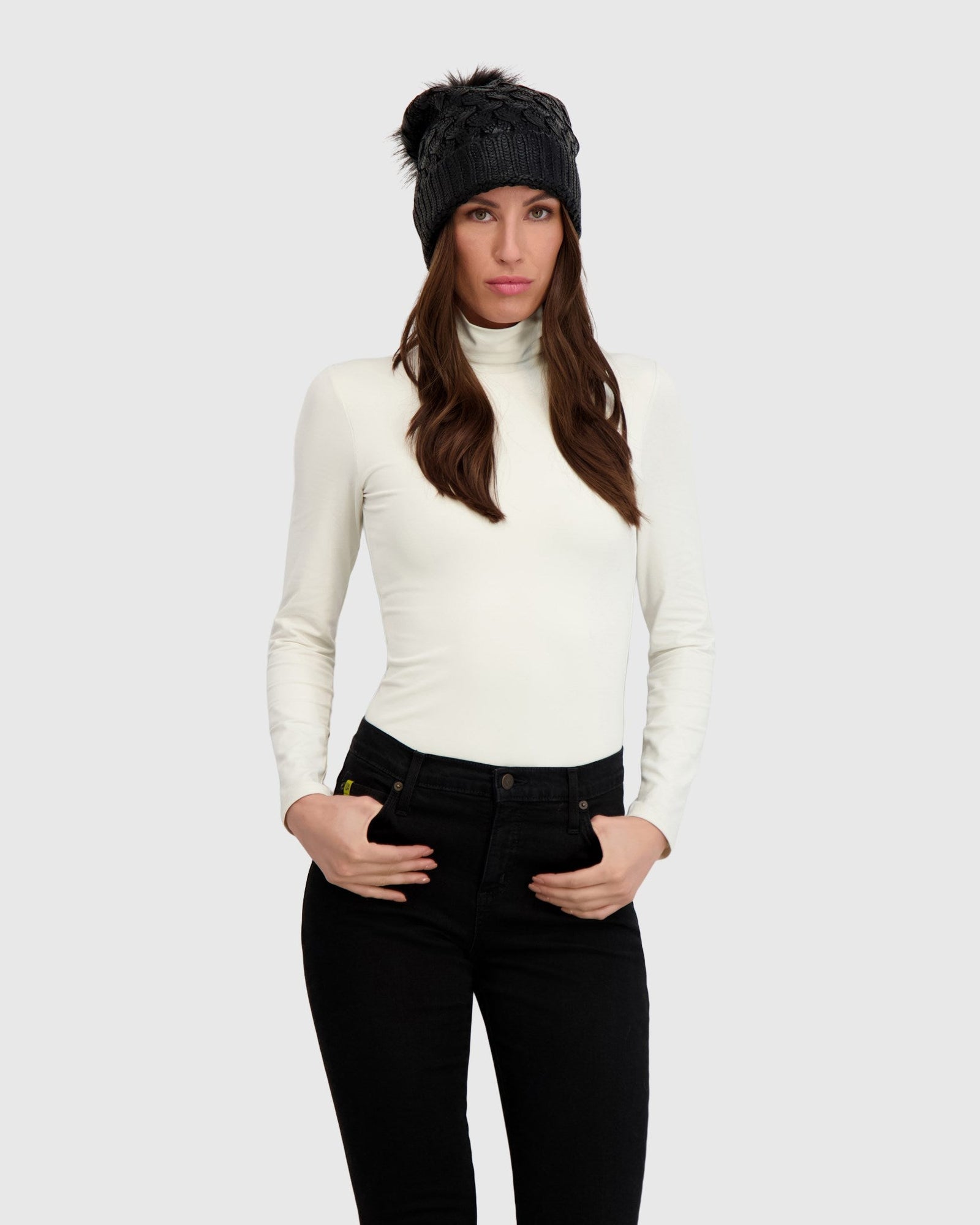 Knit Beanie Hat With Fur-Free Fox (Faux Fur) Pompom | Black Metallic/Black
