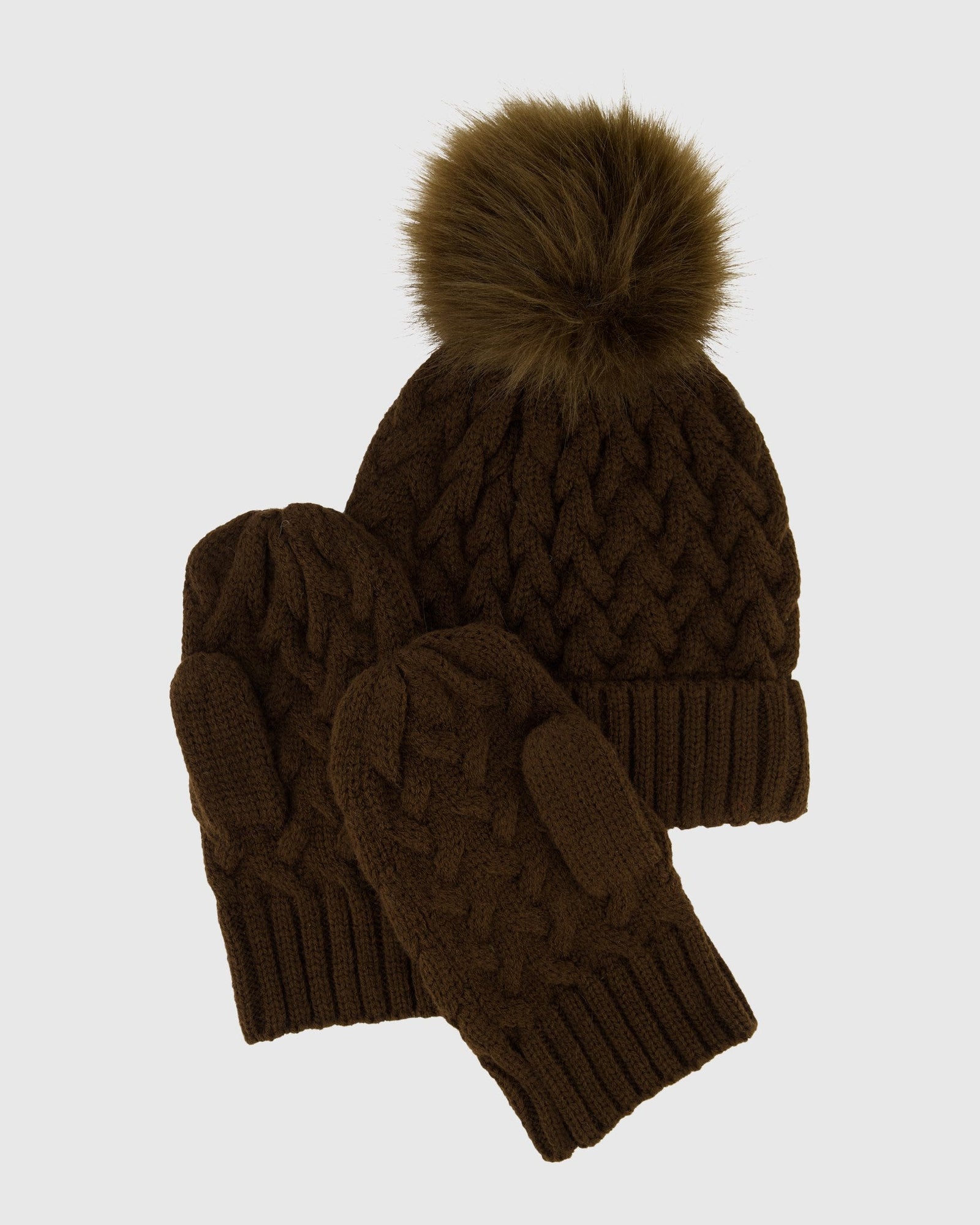 Set - Knit Hat With Fur-Free Fox (Faux Fur) Pompom And Knit Gloves | Brown