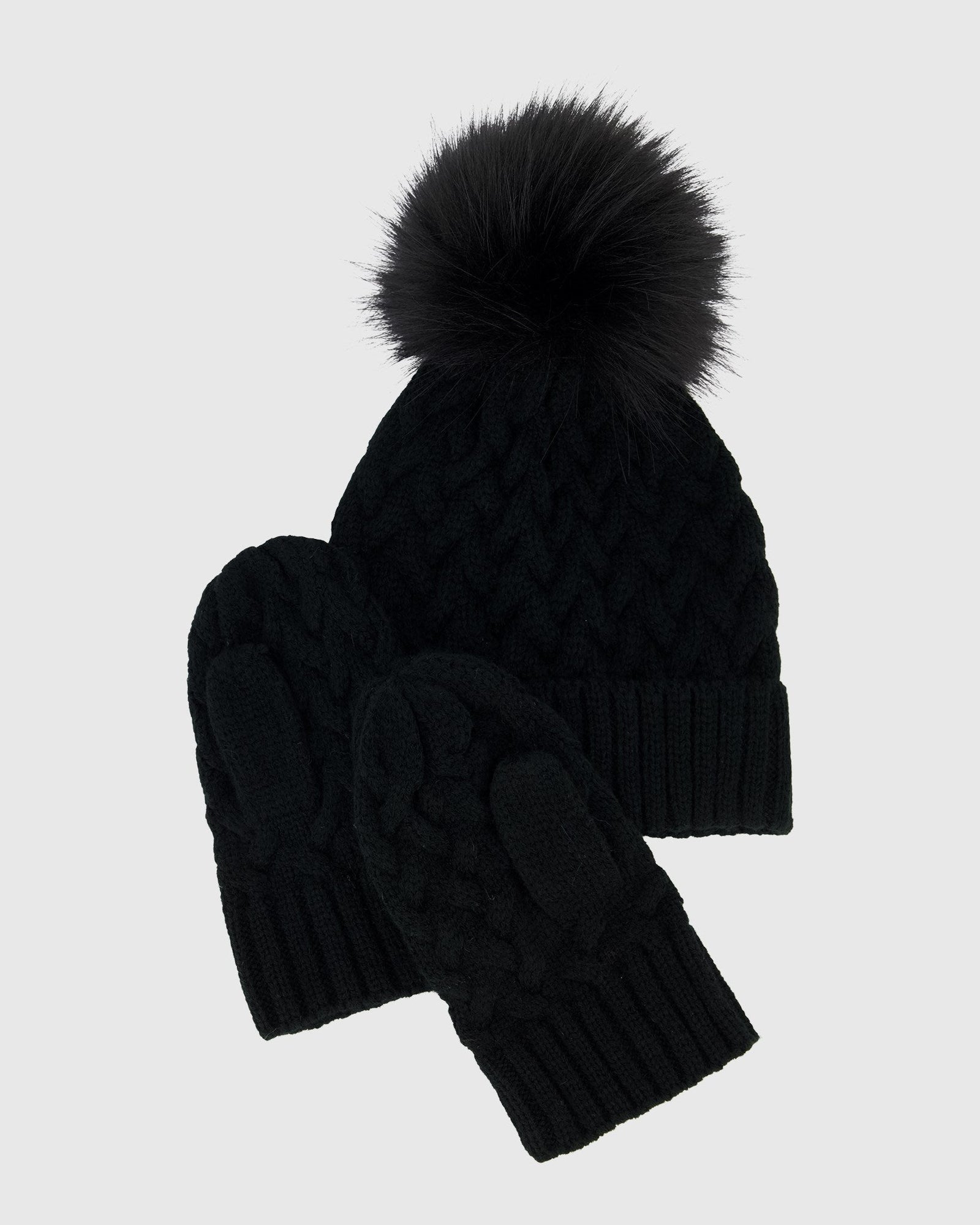 Set - Knit Hat With Fur-Free Fox (Faux Fur) Pompom And Knit Gloves | Black