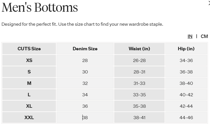 Product size guide