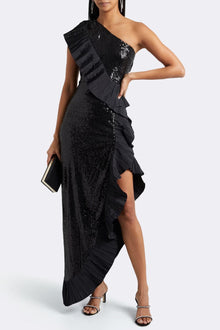 ONE33 SOCIAL | The Mercer Sequin Black Pleated Ruffle Gown | Black