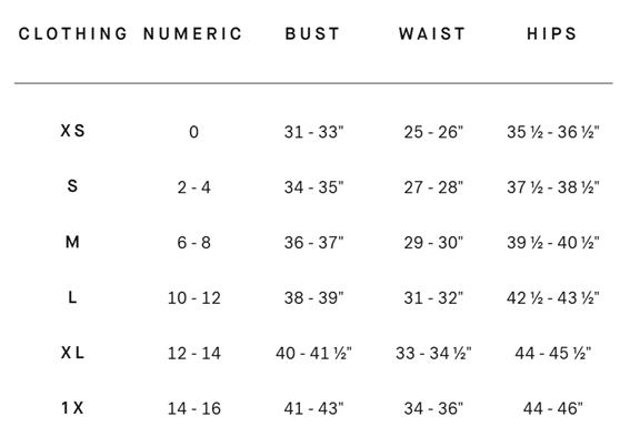 Product size guide