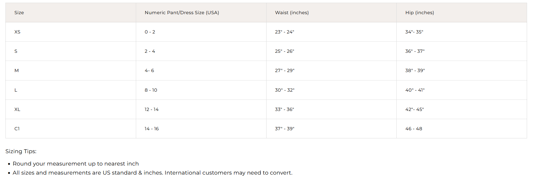 Product size guide