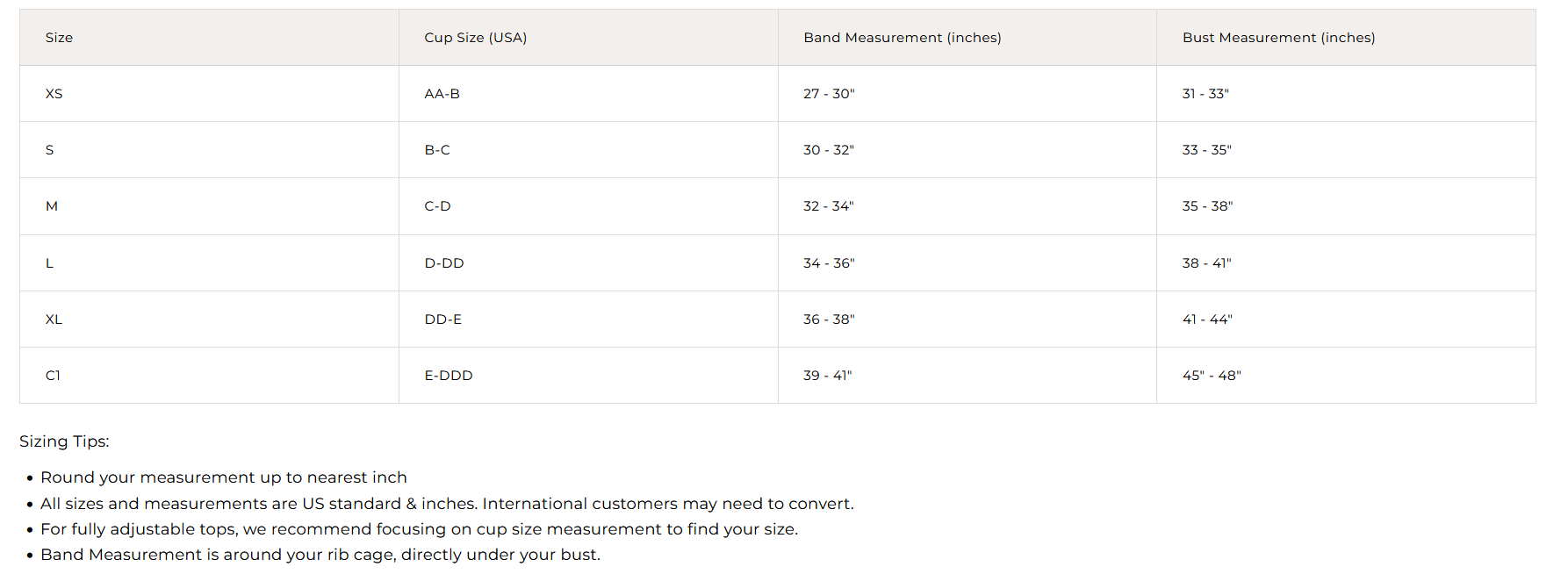 Product size guide