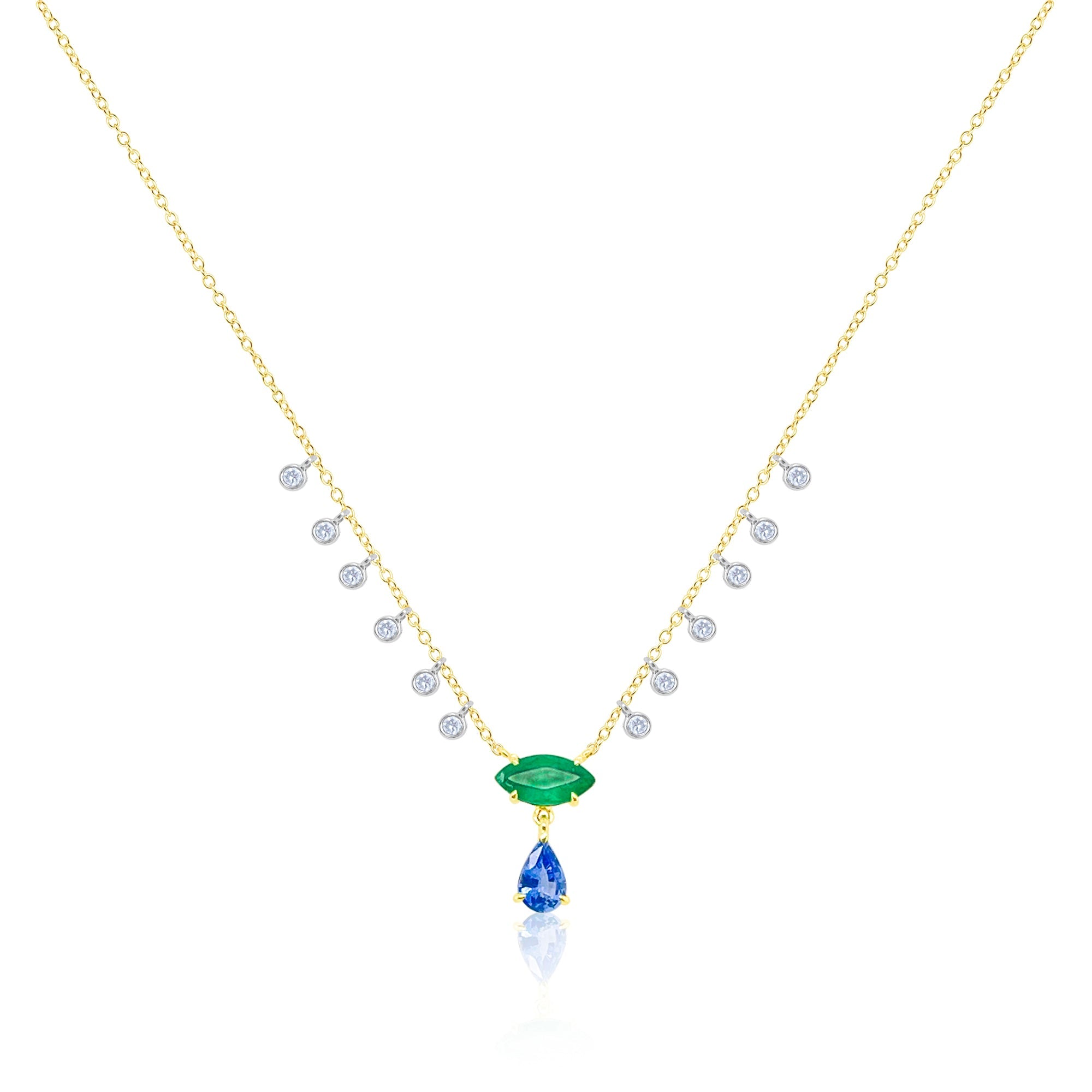 Yellow Gold Blue Sapphire Emerald And Diamond Necklace | Yellow Gold