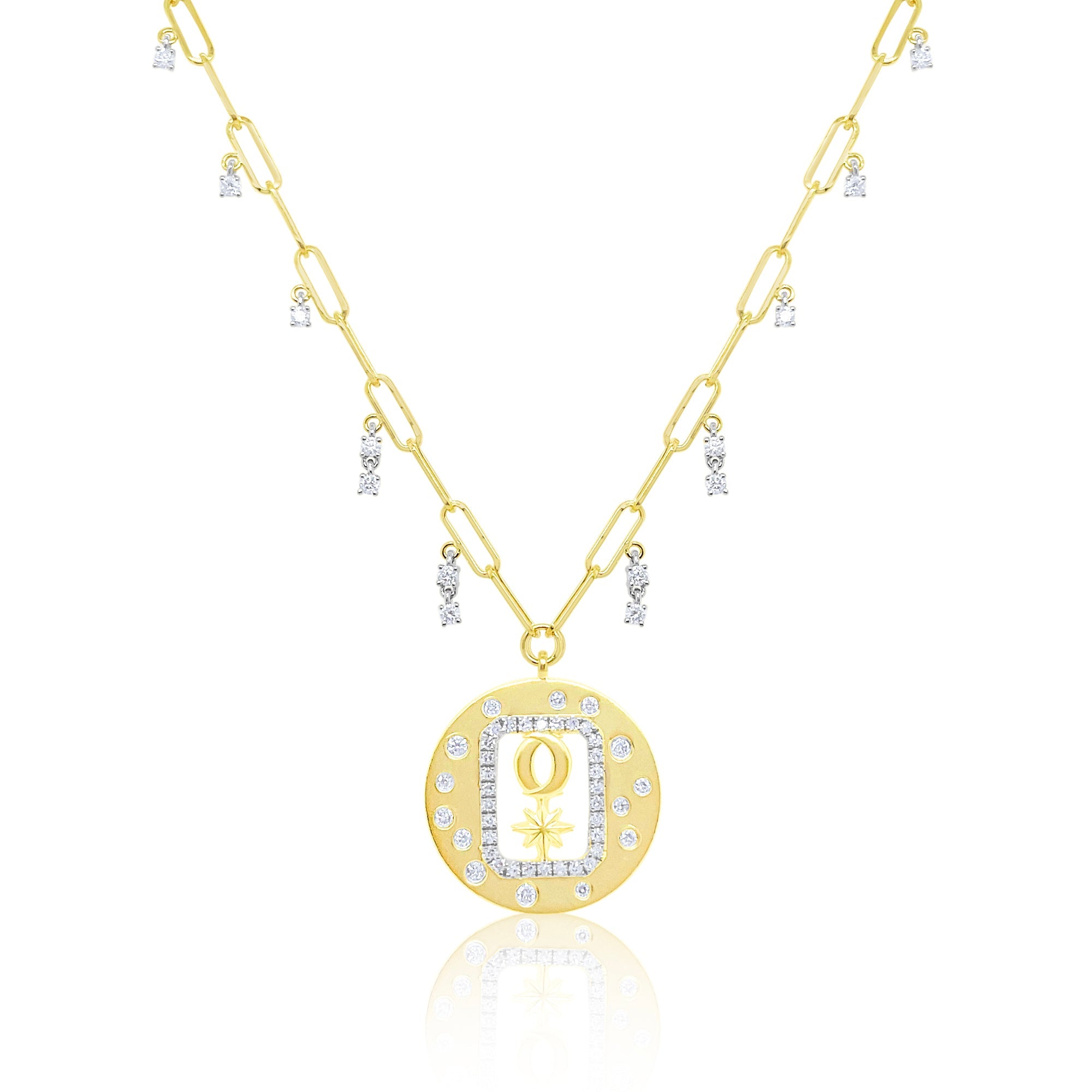 14Kt Yellow Gold Paperclip Diamond Celestial Necklace | Yellow Gold
