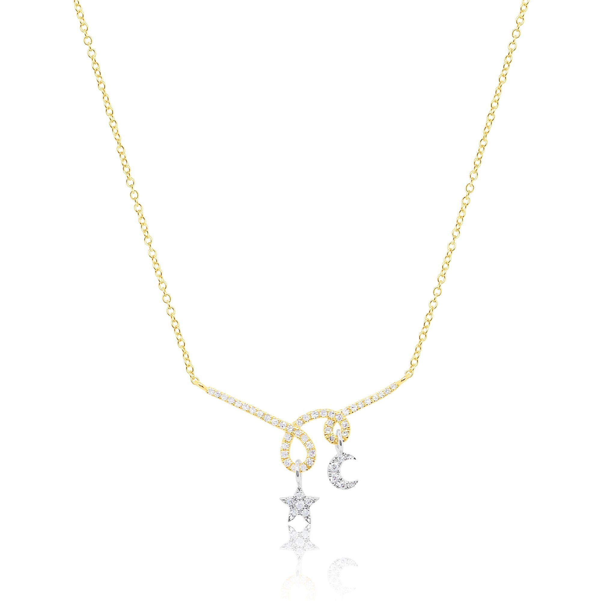 14Kt Yellow Gold Moon And Star Twist Diamond Necklace | Yellow Gold