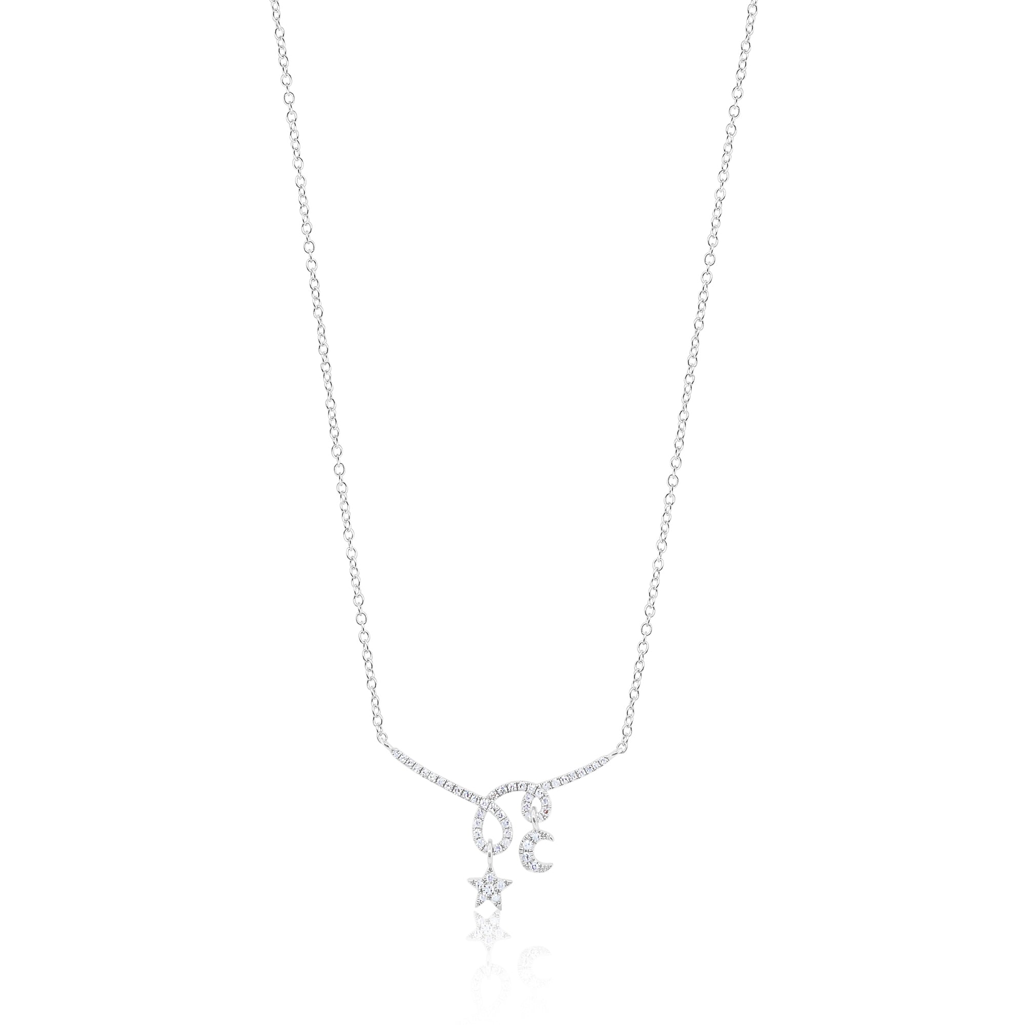 White Gold Diamond Moon And Star Twist Necklace | White Gold
