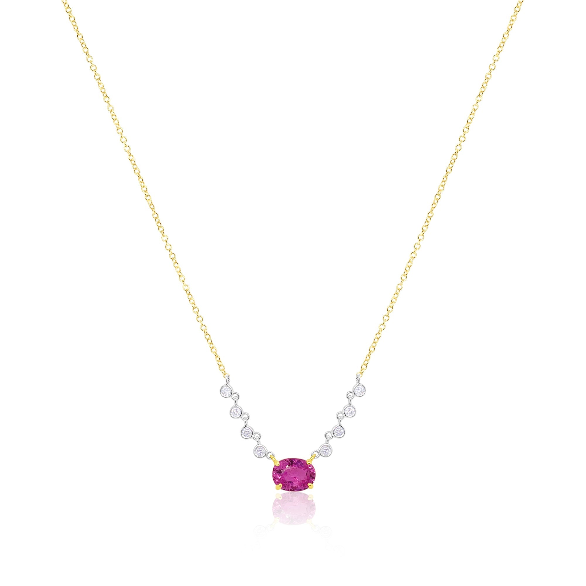 14Kt Yellow Gold Pink Sapphire Diamond Necklace 18 Inches Adjustable | Yellow Gold