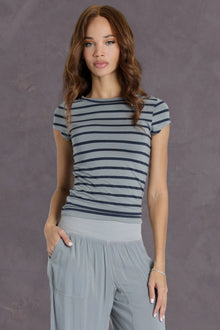Women | Nautical Stripe Cap Sleeve Fitted Tee | Nickel