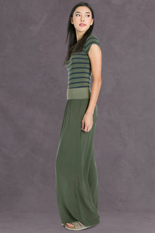 Women | Nautical Stripe Cap Sleeve Fitted Tee | Olive